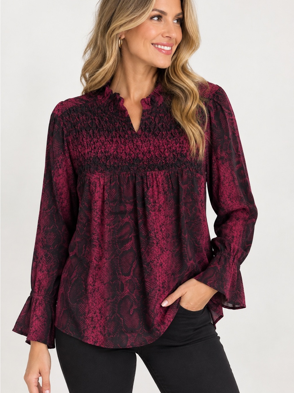 317. Liza Byrd Burgundy Snake-Print Smocked Yoke Blouse